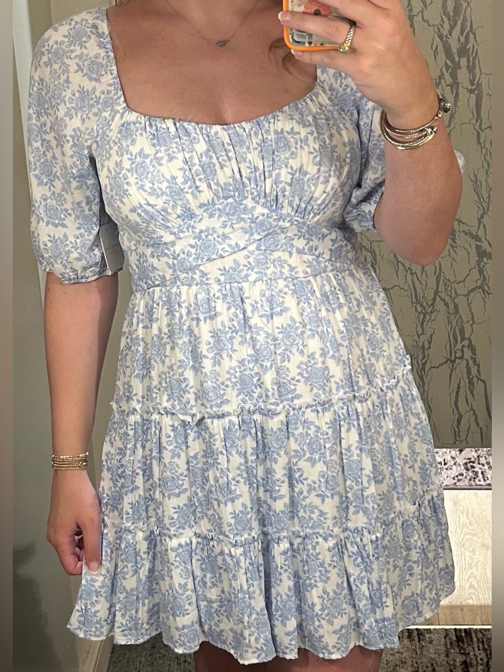 Altar'd State Blue Floral Tiered Dress Square Neck Puff Sleeve 💙